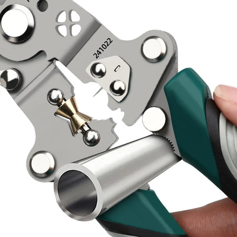 Close-up of Tough As Nails Foldable Wire Strippers And Cutter Crimper Tool for Electrical Cable Work with steel jaws and comfort grip.