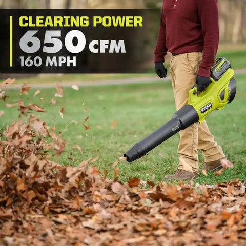 Bad Boy Cordless Leaf Blower Featuring A Smooth Brushless Motor That Runs Quiet While Cranking Out 160 MPH Winds For Tough Yard Work No Sweat Guaranteed Easy Setup Every Time Tool Only in action blowing leaves.