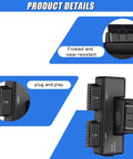 Close-up of OBDII Splitter With Rotatable Male Port And Full 16 Pin Design, showing black ABS material and dual female ports