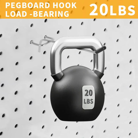 Heavy Duty Pro Grade Metal Pegboard Hooks 25 Pack, 4 Inch Peg Board Hangers For Hanging, Fits One Eighth Inch Pegboards, Great For Garage Shop Office Kitchen Crafts Organization, Galvanized Silver holding a 20 lb kettlebell on a pegboard