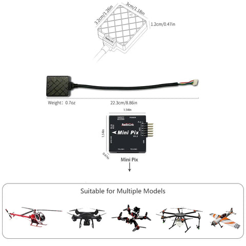 Ultra Compact Mini Pix Flight Controller V1.2 With M8N TS100 GPS Module for FPV racing drones showing dimensions and compatibility