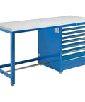 Killer Heavy Duty Modular Workbench With Seven Spacious Drawers And ESD Safe Laminate Top Square Edge For Hardcore Shop Build And Pro Electronics Repair Blue Steel Frame side view showcasing blue color and spacious drawers.