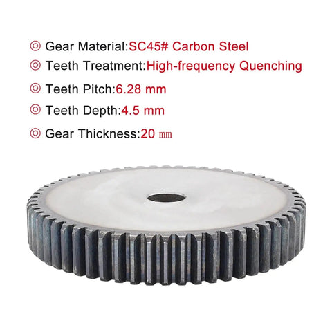 Gear Pinion And Flat Gear Set For Tough As Nails Heavy Duty Machinery 2M70T Through 2M78T Teeth High Frequency Quenched Low Carbon Steel 20mm Height 16mm Bore Quiet Running Low Vibration Easy To Clean And Maintain, showing SC45# carbon steel gear with detailed specifications