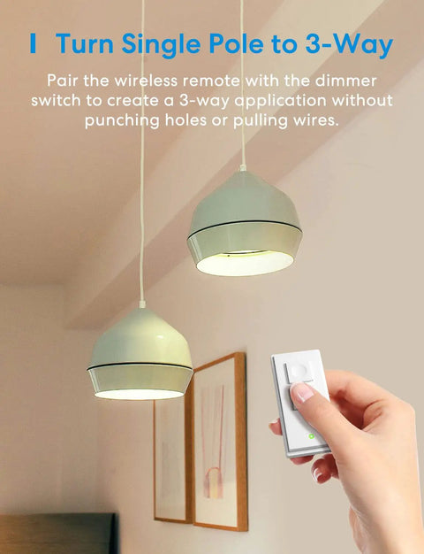 Hand using remote for Smart Dimmer Switch With Remote, Neutral Wire Required, Plays Nice With Apple HomeKit, Alexa, Google Assistant And SmartThings, 2.4GHz Wi Fi, Converts Single Pole To 3 Way, No Hub Needed, Fits Decora GFCI Faceplates, Quick Install