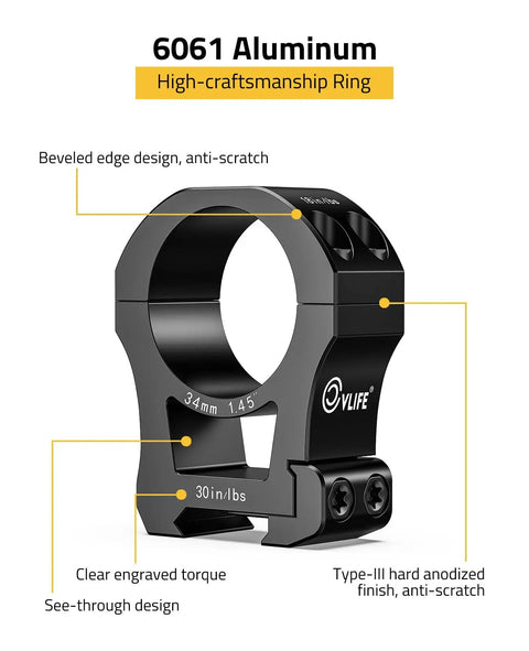 34mm Scope Rings High Profile Precision Mount For 20mm Rails See-Through Two-Piece Set Aluminum 6061-T6 CNC Machined