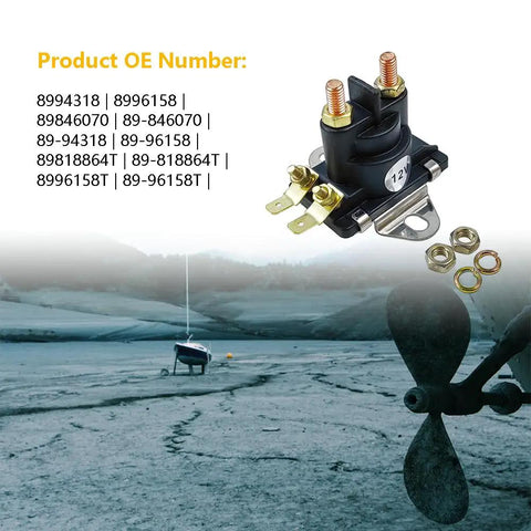 Marine starter solenoid relay with isolated base and ABS shell for outboards and stern drives, shown above OE numbers.