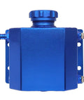 Fresh Rad Blue Universal Coolant Reservoir Tank With One Liter Capacity Radiator Overflow Bottle side view with cap and hose.