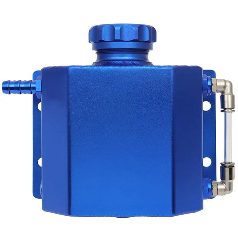 Fresh Rad Blue Universal Coolant Reservoir Tank With One Liter Capacity Radiator Overflow Bottle side view with cap and hose.