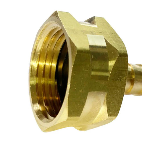 Brass Garden Hose Connector Swivel Fitting Three Eighth Inch Barb To Three Quarter Inch Female GHT Thread With Rubber Washer No-Fuss Quick-Connect Hose Fittings Leak-Free Durable Two-Pack, brass close-up