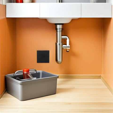 Slick Black Plastic Wall Access Panel Swings Open For Easy Inspections under sink with gray storage bin.