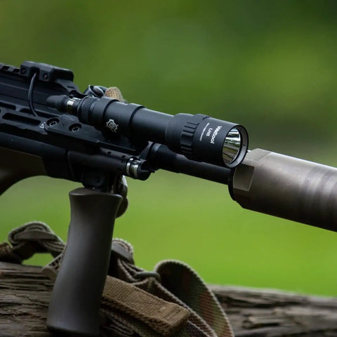 LH8 V2 Weapon Light Head Potted 5700K, 128000 CD, 1650 LM, mounted on tactical rifle, compatible with W65, W35, Surefire M600DF.