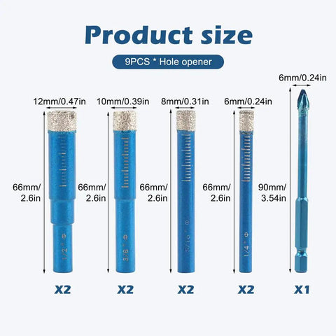 9 Piece Diamond Drill Bit Set For Ceramic Tile Glass Porcelain Marble Granite Stone With Accurate Start And Dry Use Pro Grade Precision Positioning Fast Clean Holes Blue showing different bit sizes