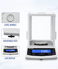 Analytical Balance 500g Capacity 0.001g Accuracy Lab Scale with Windshield RS232 Interface showing LCD display, level bubble, adjustable feet.