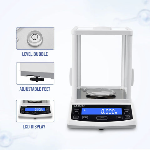Analytical Balance 500g Capacity 0.001g Accuracy Lab Scale with Windshield RS232 Interface showing LCD display, level bubble, adjustable feet.