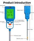 Dope 8 In 1 Soil Meter For Moisture pH Fertility Light And Temperature With Real Time Readouts And Ambient Humidity For Gardeners And Plant Lovers To Dial In Healthy Growth. Blue plastic soil meter with LCD, buttons, and metal probe