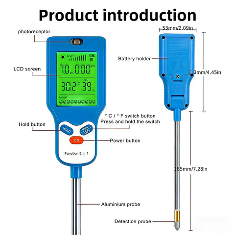 Dope 8 In 1 Soil Meter For Moisture pH Fertility Light And Temperature With Real Time Readouts And Ambient Humidity For Gardeners And Plant Lovers To Dial In Healthy Growth. Blue plastic soil meter with LCD, buttons, and metal probe