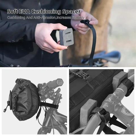 Ride-Ready Waterproof Handlebar Bag 12L Roll-Top Dry Bag installation on bike with removable harness and shoulder strap.