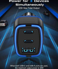 Super Slim 3 Port USBC Car Charger With Dual PD 20W Fast Charging And Quick Charge Adapter top view with USB-C ports.