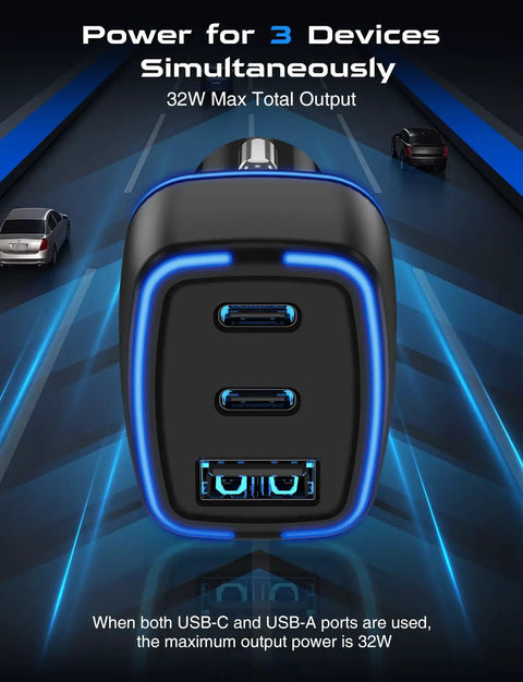 Super Slim 3 Port USBC Car Charger With Dual PD 20W Fast Charging And Quick Charge Adapter top view with USB-C ports.
