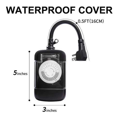 Built Like A Tank 24 Hour Outdoor Mechanical Timer Switch With 2 Grounded Outlets 2 Pack Heavy Duty 15 Amp Plug close-up view with dimensions.
