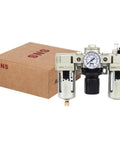 All In One 1/4 Inch NPT FRL Compressed Air Filter Regulator Lubricator Three Units Combo with water and oil trap, semi-auto drain, and gauge
