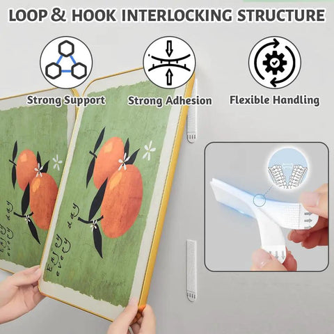 Heavy Duty Picture Hanging Strips No Drill Hassle Damage Free Wall Mounts Reusable Adhesive Tape with interlocking loop and hook design.