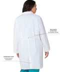 Back view of Relaxed Fit Five Pocket Three Button Full Length White Medical Lab Coat For Women, featuring back darts and vent.