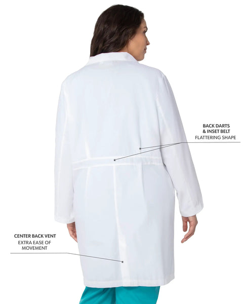 Back view of Relaxed Fit Five Pocket Three Button Full Length White Medical Lab Coat For Women, featuring back darts and vent.
