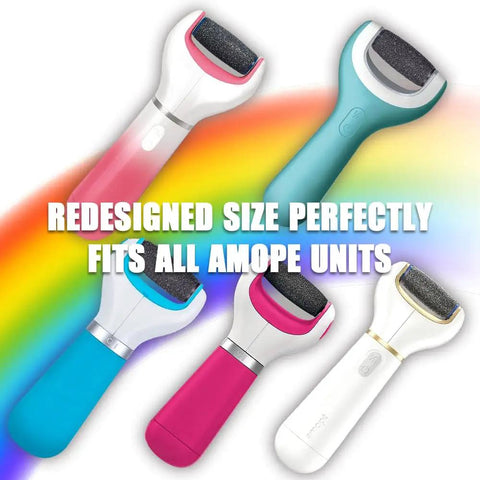 Four electronic foot files with rollers, showcasing compatibility for Pro Grade 13 Pack Replacement Rollers For Pedi Perfect Refills.