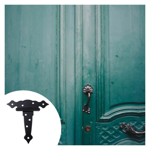 Three Pack T Shape Rustproof Iron Heavy Duty Shed Hinge Set With Silent Hydraulic Buffer on teal door