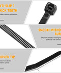 Beefy Heavy Duty Black Cable Zip Ties 12 Inch 1200 Pack Nylon 66 Tie Wraps With 50 Lb Tensile Strength UV Resistant Outdoor Indoor Weatherproof Industrial Strength Fastening Straps close-up showing anti-slip teeth, smooth surface, and curved tip.