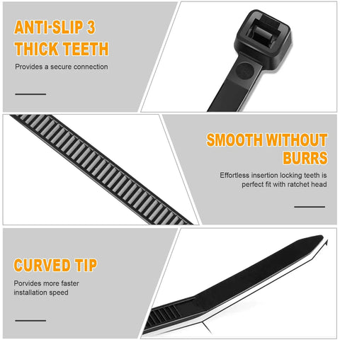 Beefy Heavy Duty Black Cable Zip Ties 12 Inch 1200 Pack Nylon 66 Tie Wraps With 50 Lb Tensile Strength UV Resistant Outdoor Indoor Weatherproof Industrial Strength Fastening Straps close-up showing anti-slip teeth, smooth surface, and curved tip.