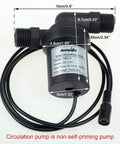 Top Notch DC 12V Solar Hot Water Heater Circulation Pump With Brushless Motor, compact design with measurements for easy setup.