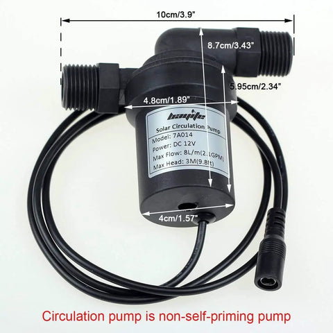 Top Notch DC 12V Solar Hot Water Heater Circulation Pump With Brushless Motor, compact design with measurements for easy setup.