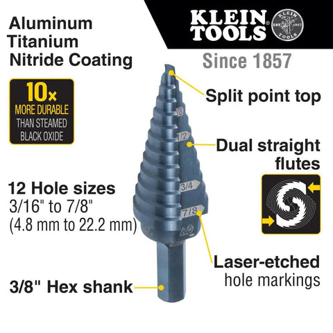 Step Drill Bit 14 Double Fluted 3/16 to 7/8 Inch with Easy Read Step Markings and Targets, Aluminum Titanium Nitride Coating