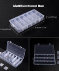 Three views of a transparent plastic multifunctional storage box with multiple compartments, dimensions labeled in inches.