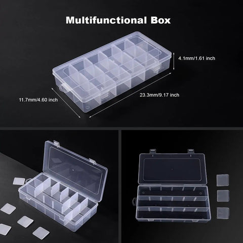 Three views of a transparent plastic multifunctional storage box with multiple compartments, dimensions labeled in inches.
