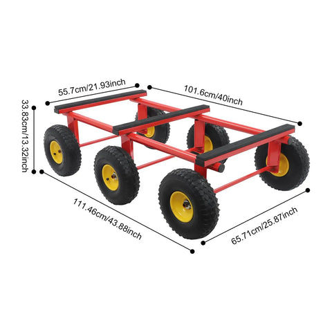 All Terrain Furniture Dolly Six Piece Set With 10 Inch Inflatable Deep Tread Wheels And Carbon Steel Frame Built For Heavy Duty Moves Of Up To 1200 Pounds In Warehouses Garages Or Home Workshops, angled view with dimensions