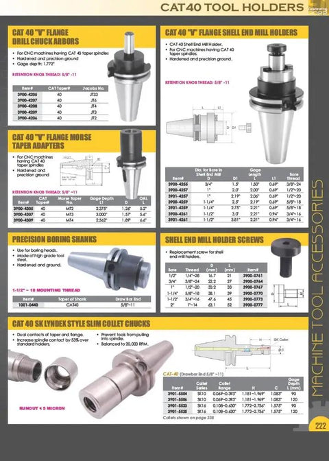 Pro Grade 3/16 Cat 40 V Flange End Mill Holder With 2.5 Inch Gage Depth Balanced To 18,000 RPM Ultra Precise.0003 Inch Runout 20CrMnTi Alloy Steel Electro Nickel Coated For CNC Machining illustrated in a catalog with various CAT40 tool holders including drill chuck arbors, morse taper adapters, and slim collet chucks displayed.