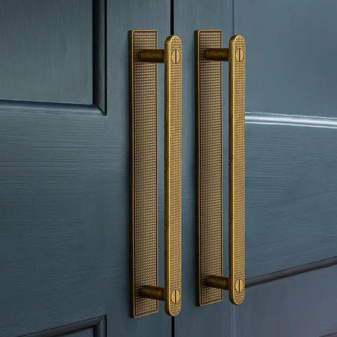 7.56 Inch Antique Brass Cabinet Pulls With Backplates 2 Pack Beefy Heavy Duty Solid Metal Hardware For Dresser And Cabinet Renovation Built To Last With Vintage Rustic Look And Timeless Quality., antique brass cabinet pulls on blue dresser doors