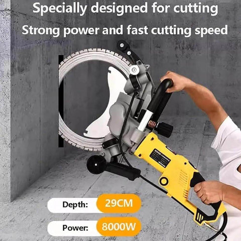 Person using Knockout 290mm Electric Concrete Cutter Saw With 8000W Brushless Motor for precise cutting in wall.