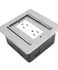 Slick Recessed Floor Power Box Featuring Double Electric Receptacles With Smooth Sliding Cover For Modern Homes top view with stainless steel finish.