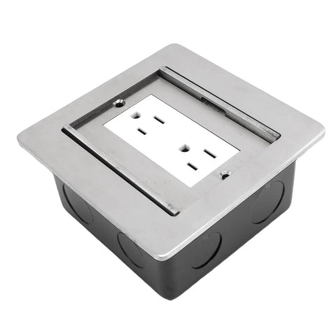 Slick Recessed Floor Power Box Featuring Double Electric Receptacles With Smooth Sliding Cover For Modern Homes top view with stainless steel finish.