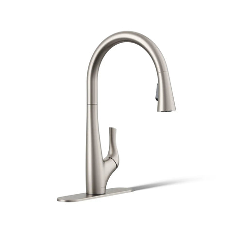 Top Shelf Pull Down Kitchen Sink Faucet With Smooth Glide Retractable Hose And Dual Function Sweep Sprayhead Built Tough For Lightning Fast Cleanup In Classic Vibrant Stainless Finish, side view.