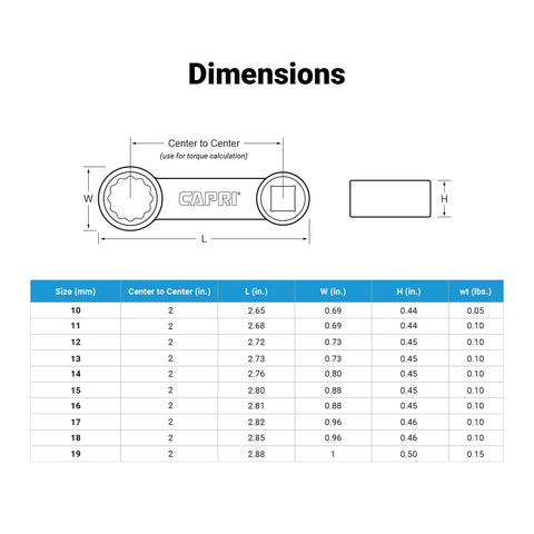 Diagram of Three Eighth Inch Drive Torque Adapter 12mm 12 Point Box End showing dimensions for reach and fitment.