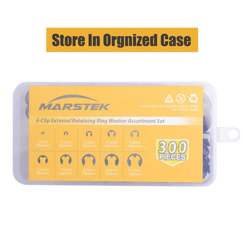 Beefy 300 Piece E Clip Set In Black Alloy Steel External Retaining Rings M1.5 Through M10 For Machinery, organized in case