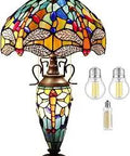 Tiffany Style Sea Blue And Yellow Stained Glass Dragonfly Desk Lamp With Cozy Glass Vase Base Night Light, 12x12x22 Inches, UL Listed