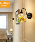 Bedside Wall Mount Lamp With Dimmable Switch Gooseneck Sconce Industrial Vintage Look Floral Stained Glass Shade Plug In Cord