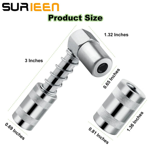 SURIEEN 4-piece 90-degree grease gun coupler adapter with sleeves; chrome metal ends, front view