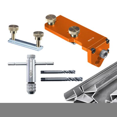 Heavy Duty Aluminum Profile Tapping Guide Drill Jig For Metal Extrusion Tracks, orange steel construction with drill bits.